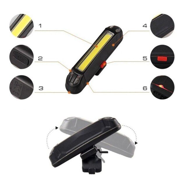 LTC LED COB dviračio lemputė balta/raudona su 450mAh baterija, 5 režimai LXLL87