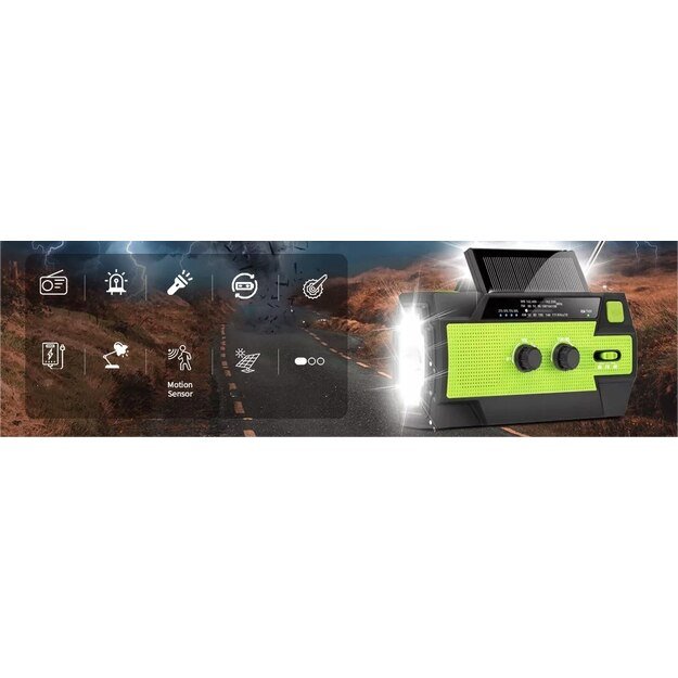 Radijo imtuvas su rankiniu generatoriumi ir saulės baterija