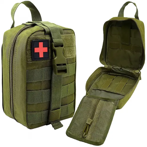 Taktinis pirmosios pagalbos dėklas su MOLLE sistema, tvirtinamas prie diržo, žalias