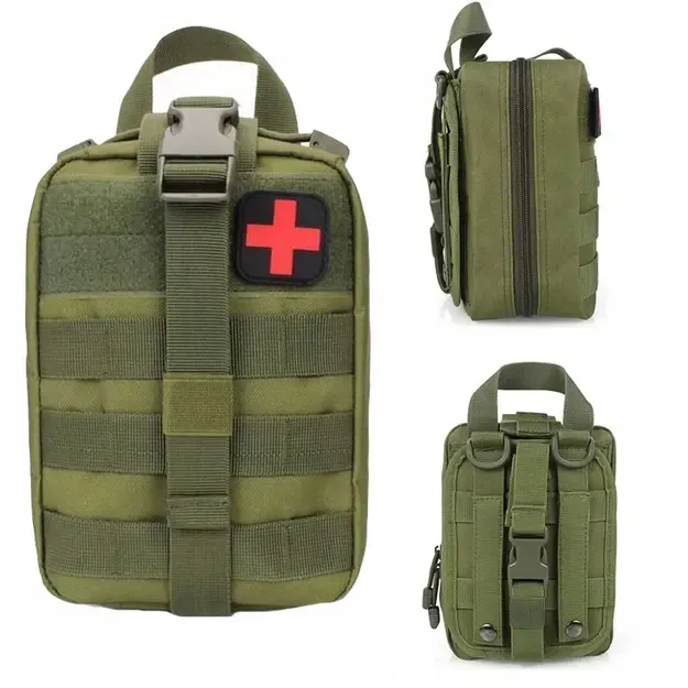 Taktinis pirmosios pagalbos dėklas su MOLLE sistema, tvirtinamas prie diržo, žalias