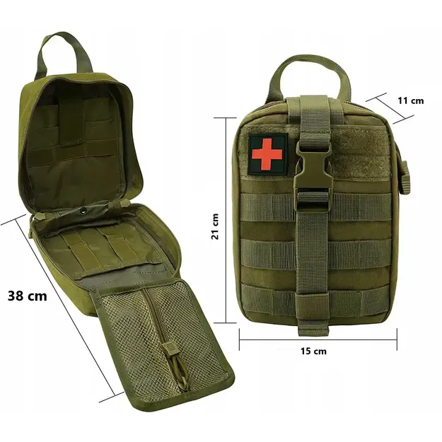 Taktinis pirmosios pagalbos dėklas su MOLLE sistema, tvirtinamas prie diržo, žalias