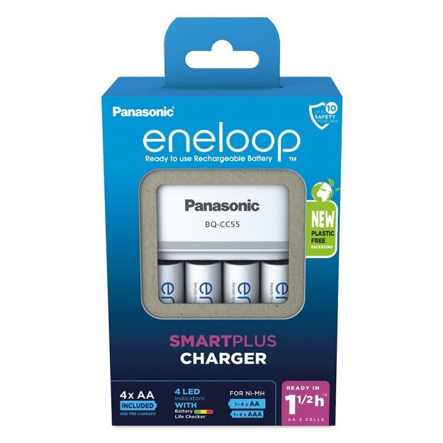 Panasonic Eneloop BQ-CC55 įkroviklis + 4 x R6/AA Eneloop 2000mAh BK-3MCDE