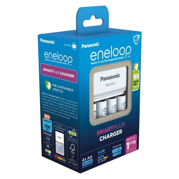 Panasonic Eneloop BQ-CC55 įkroviklis + 4 x R6/AA Eneloop 2000mAh BK-3MCDE