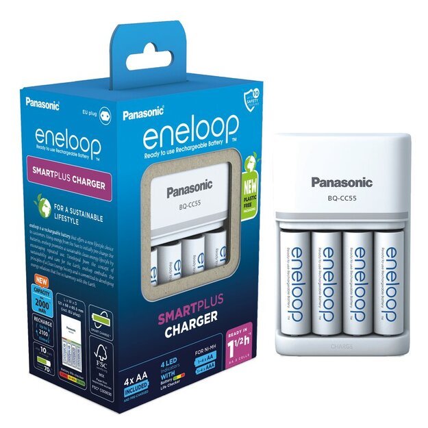 Panasonic Eneloop BQ-CC55 įkroviklis + 4 x R6/AA Eneloop 2000mAh BK-3MCDE