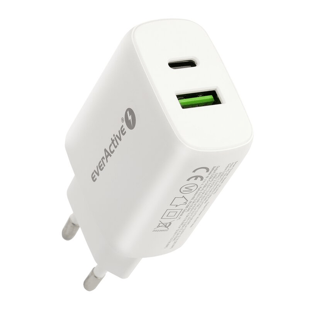EverActive SC-370Q sieninis įkroviklis su USB QC3.0 ir USB-C PD PPS 25 W lizdu
