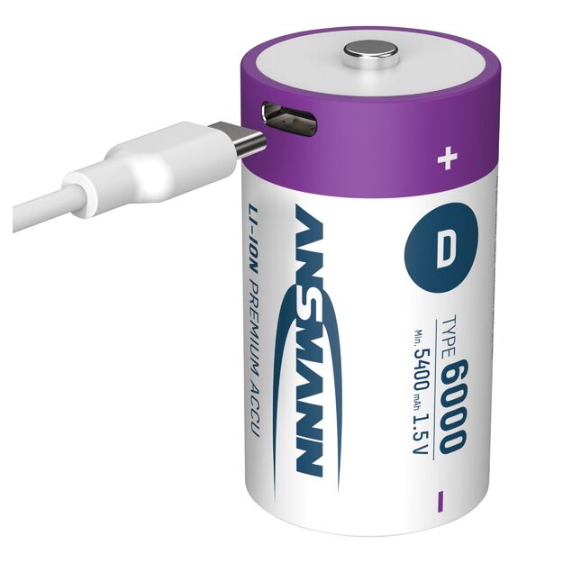 ANSMANN Įkraunamos baterijos D 1.5V 6000mAh (Li-Ion 12Wh) su USB-C lizdu, 2vnt įpakavime 