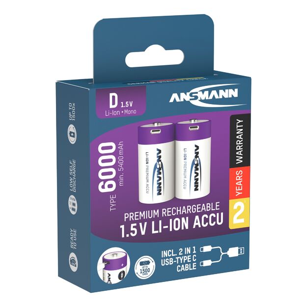 ANSMANN Įkraunamos baterijos D 1.5V 6000mAh (Li-Ion 12Wh) su USB-C lizdu, 2vnt įpakavime 
