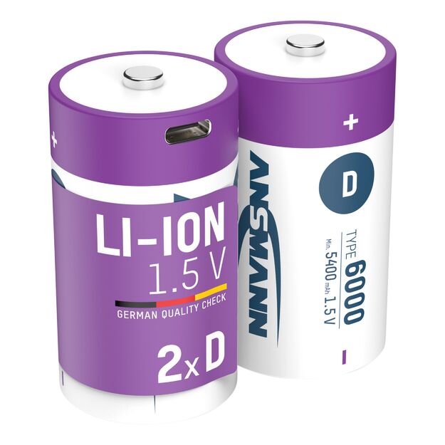 ANSMANN Įkraunamos baterijos D 1.5V 6000mAh (Li-Ion 12Wh) su USB-C lizdu, 2vnt įpakavime 