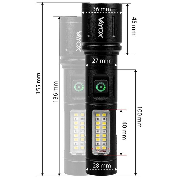Vayox Įkraunamas taktinis žibintuvėlis 260lm 5W LED + SMD VA0181