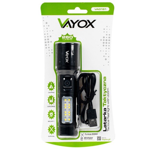 Vayox Įkraunamas taktinis žibintuvėlis 260lm 5W LED + SMD VA0181