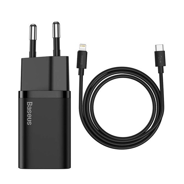 Baseus Super Si greitasis įkroviklis 1C 20W su USB-C laidu Lightning 1 m (juodas)