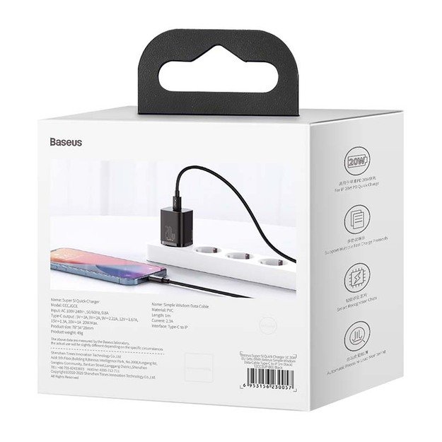 Baseus Super Si greitasis įkroviklis 1C 20W su USB-C laidu Lightning 1 m (juodas)