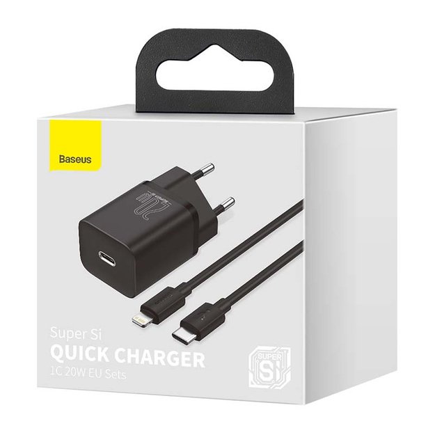 Baseus Super Si greitasis įkroviklis 1C 20W su USB-C laidu Lightning 1 m (juodas)