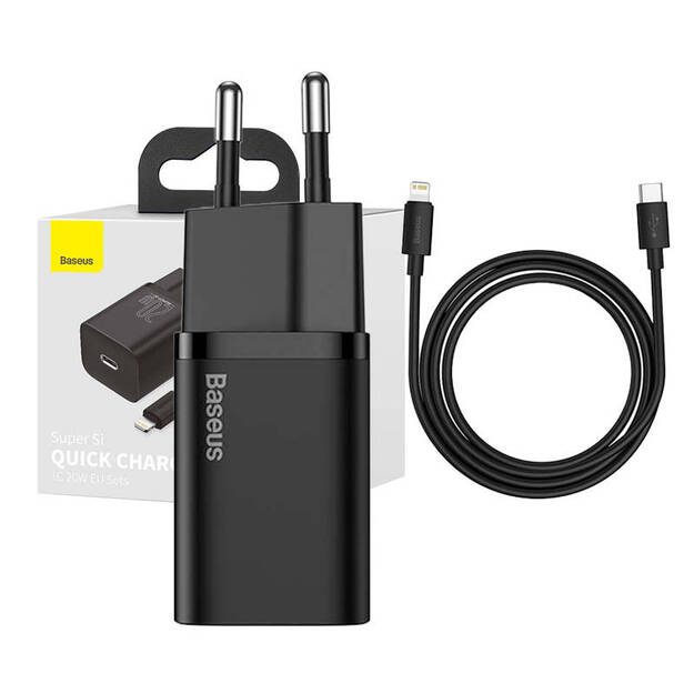 Baseus Super Si greitasis įkroviklis 1C 20W su USB-C laidu Lightning 1 m (juodas)