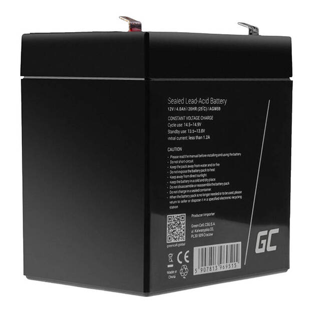 Techninės priežiūros nereikalaujantis AGM VRLA akumuliatorius Green Cell AGM59 12V 4Ah (skirtas UPS, žaislams, kasos aparatams, svarstyklėms)