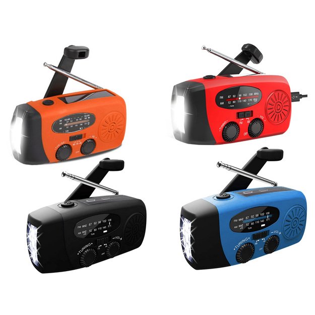 Радиоприемник с динамо-машиной, солнечной батареей и фонариком.