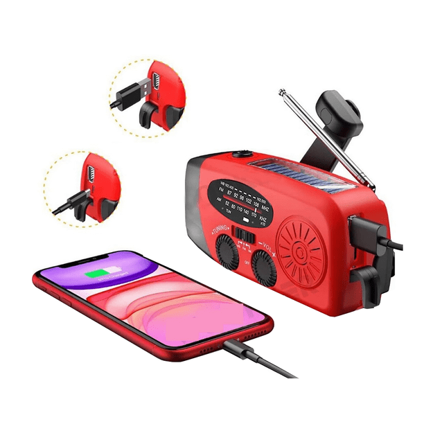 Радиоприемник с динамо-машиной, солнечной батареей и фонариком.