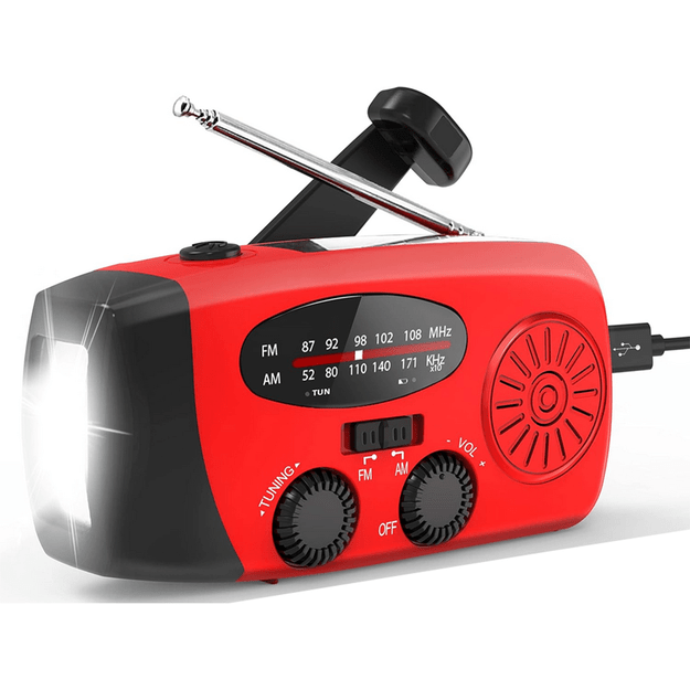 Радиоприемник с динамо-машиной, солнечной батареей и фонариком.