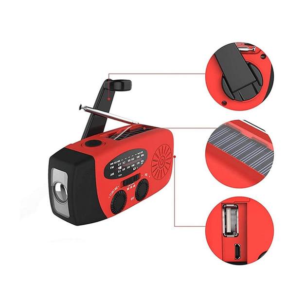 Радиоприемник с динамо-машиной, солнечной батареей и фонариком.
