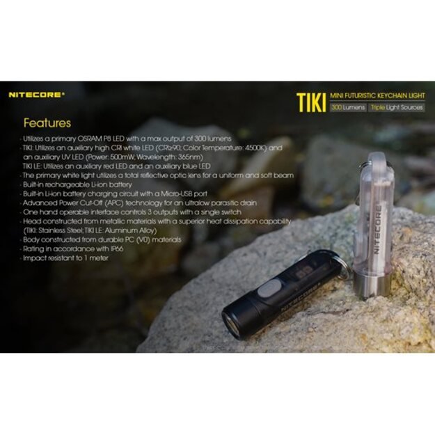 Nitecore TIKI įkraunamas LED raktų žibintuvėlis, 300 Lm + 365nm šviesa