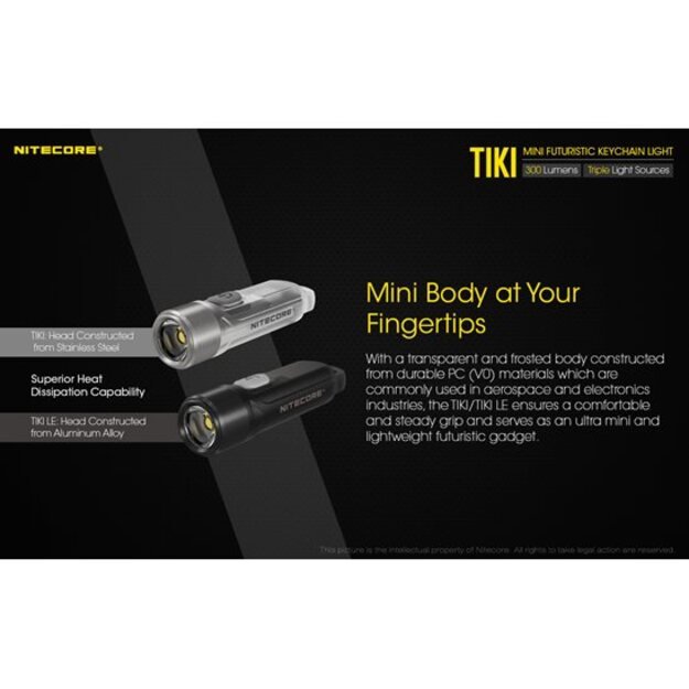 Nitecore TIKI įkraunamas LED raktų žibintuvėlis, 300 Lm + 365nm šviesa