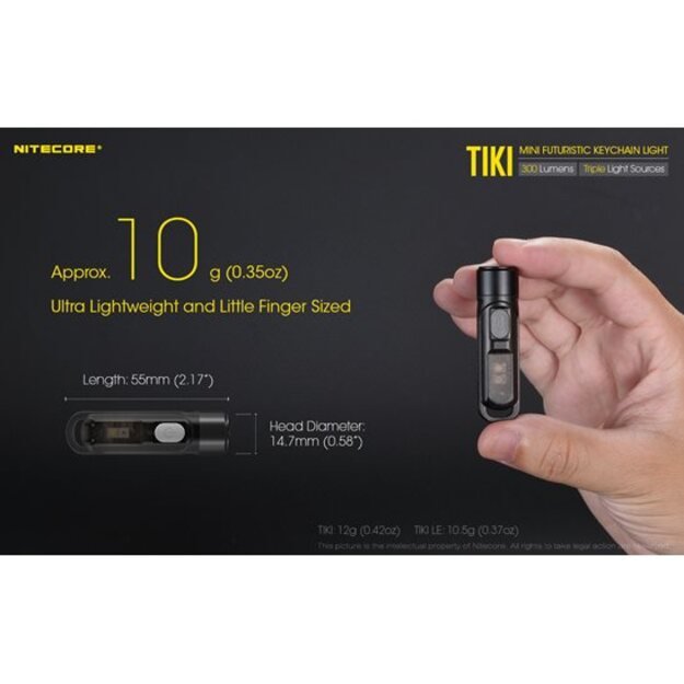 Nitecore TIKI įkraunamas LED raktų žibintuvėlis, 300 Lm + 365nm šviesa