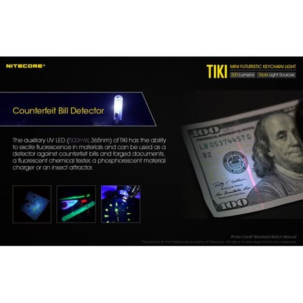 Nitecore TIKI įkraunamas LED raktų žibintuvėlis, 300 Lm + 365nm šviesa