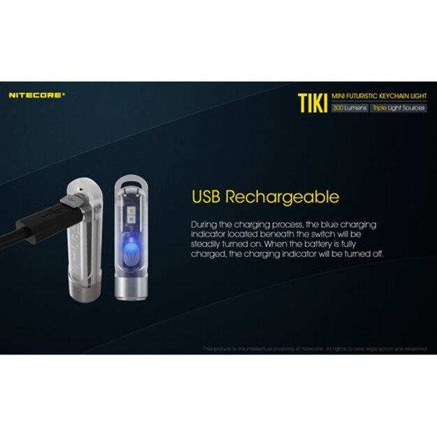 Nitecore TIKI įkraunamas LED raktų žibintuvėlis, 300 Lm + 365nm šviesa