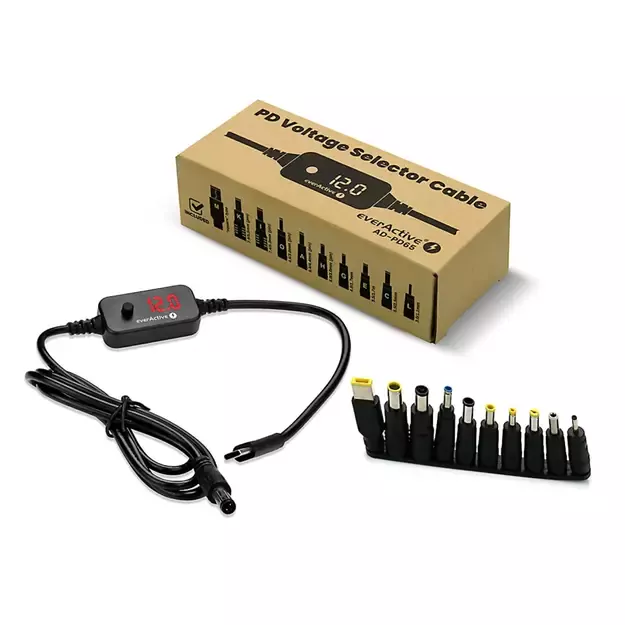 Universal power supply, voltage selector USB-C PD - DC 5V, 9V, 12V, 15V, 20V, 10 connectors, everActive AD-PD65