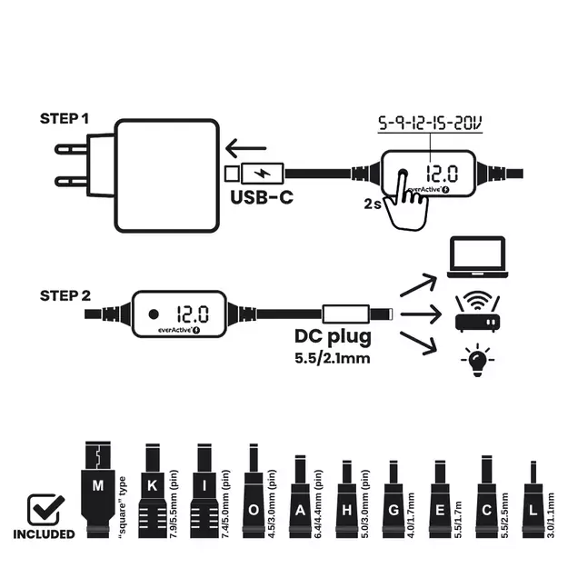 Universal power supply, voltage selector USB-C PD - DC 5V, 9V, 12V, 15V, 20V, 10 connectors, everActive AD-PD65