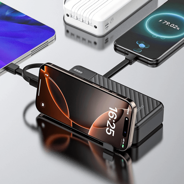 Dudao K11 20000 mAh išorinė baterija su įmontuotais laidais, juoda