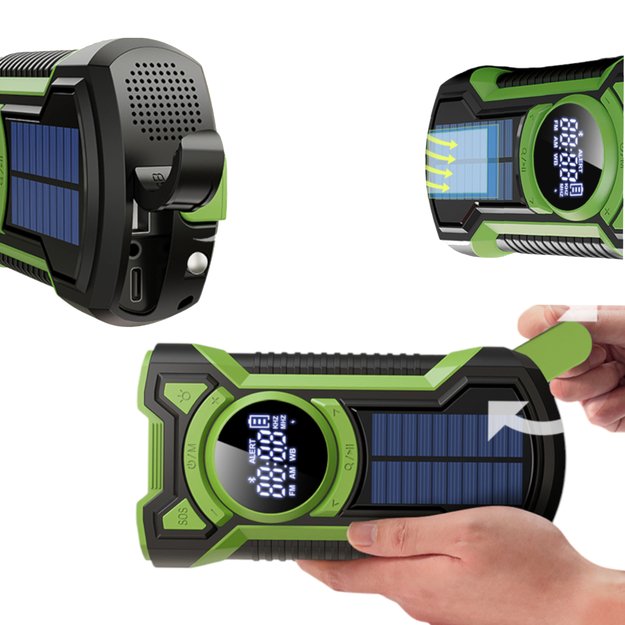Avarinis radijas su dinama, žibintuvėliu, saulės baterija, 5000mAh talpa