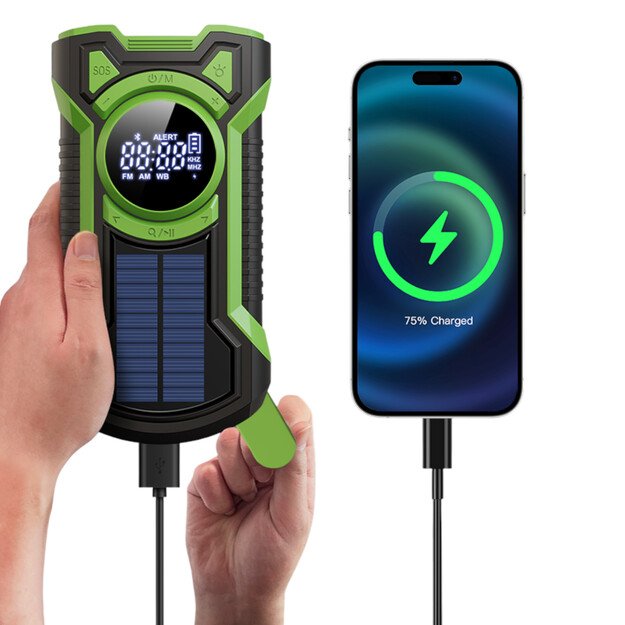 Avarinis radijas su dinama, žibintuvėliu, saulės baterija, 5000mAh talpa