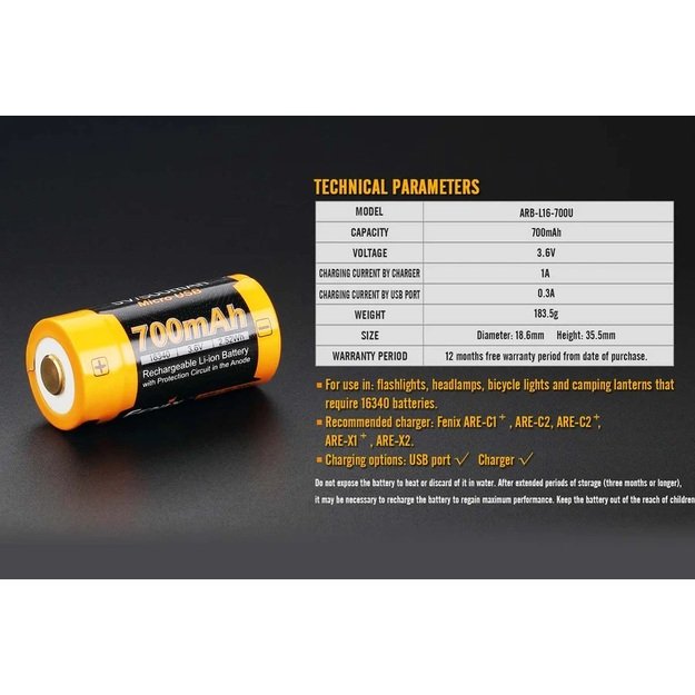Fenix ​​ARB-L16-700U rechargeable battery 16340 RC123A