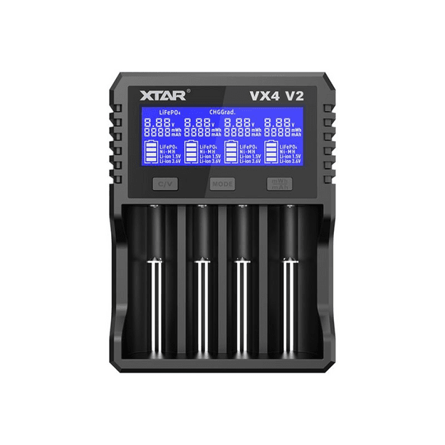 XTAR VX4 V2 Li-ion 1,5 V / 3,6 V / 3,7 V / Li-FePO4 / Ni-MH akumuliatorių įkroviklis komplekte su maitinimo šaltiniu