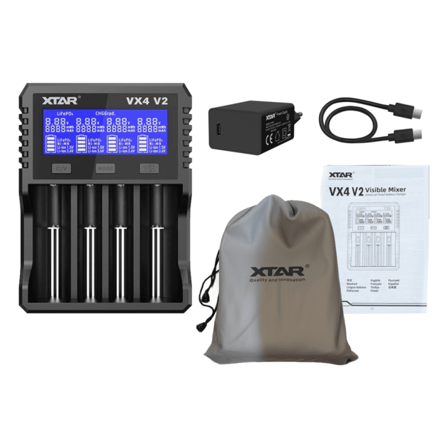 XTAR VX4 V2 Li-ion 1,5 V / 3,6 V / 3,7 V / Li-FePO4 / Ni-MH akumuliatorių įkroviklis komplekte su maitinimo šaltiniu