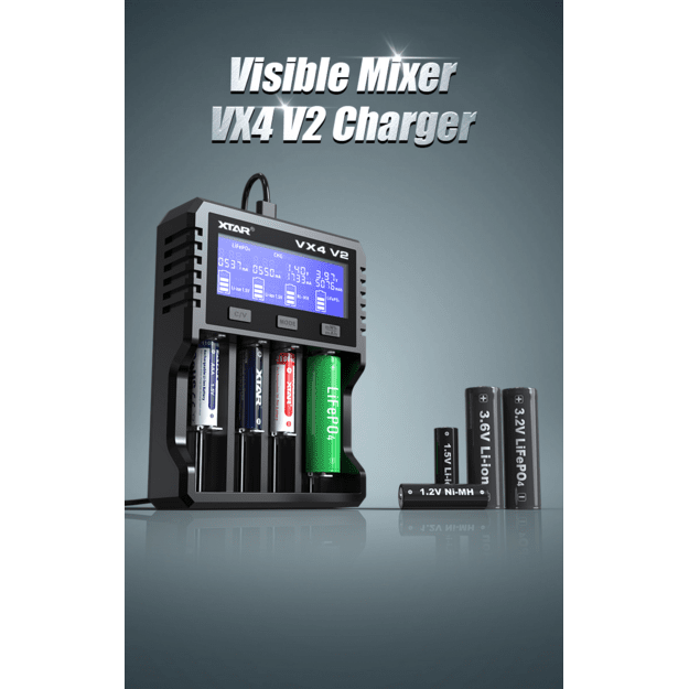 XTAR VX4 V2 Li-ion 1,5 V / 3,6 V / 3,7 V / Li-FePO4 / Ni-MH akumuliatorių įkroviklis komplekte su maitinimo šaltiniu