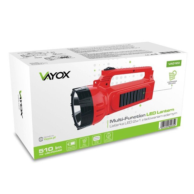 Vayox VA0123 2-in-1 įkraunamas žibintuvėlis su šoniniu apšvietimu ir saulės baterijos įkrovimu