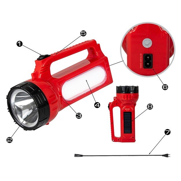 Vayox VA0123 2-in-1 įkraunamas žibintuvėlis su šoniniu apšvietimu ir saulės baterijos įkrovimu