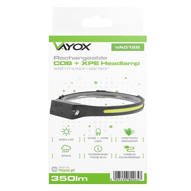 Vayox COB + XPE įkraunamas žibintuvėlis ant galvos 350lm su judesio jutikliu VA0128