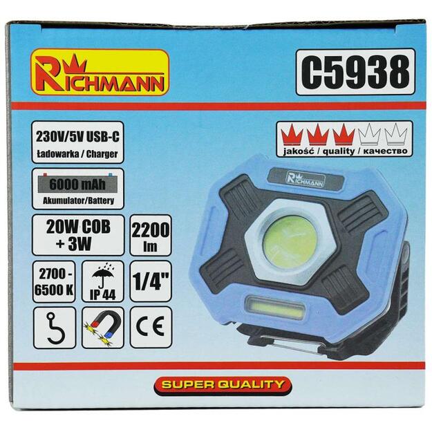 Richmann įkraunamas halogeninis šviestuvas su magnetu 20W COB + 3W C5938