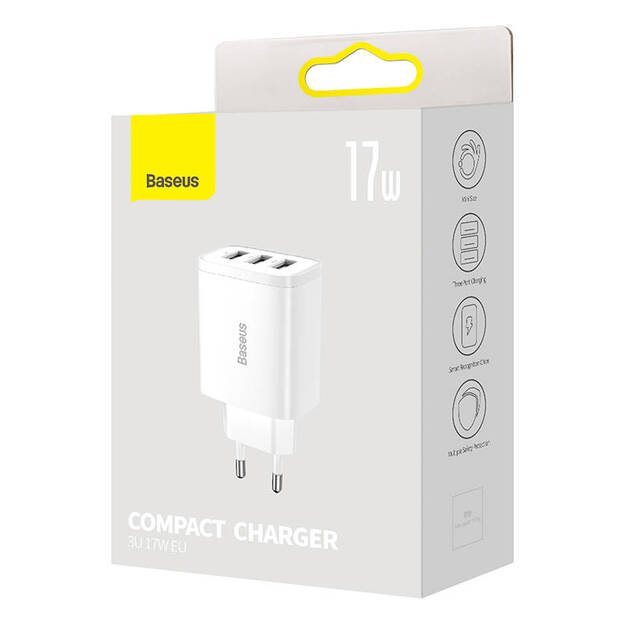 Baseus Compact Quick Charger, 3x USB, 17W (White)