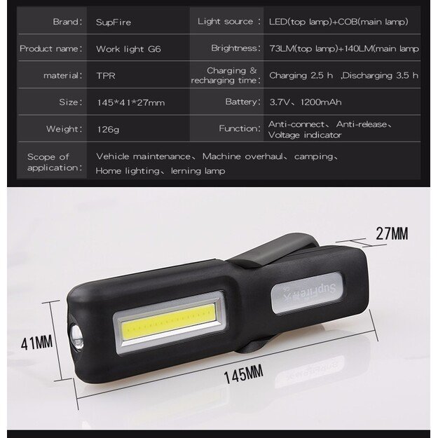 Supfire G6, USB, 140 lm darbo žibintas