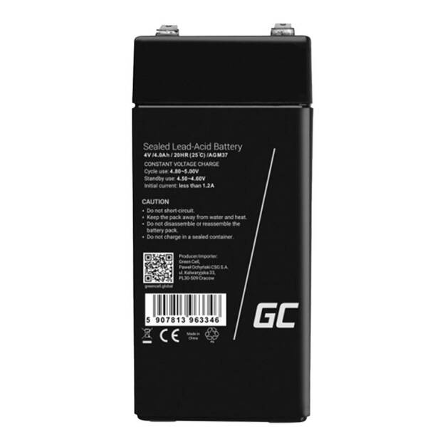 Techninės priežiūros nereikalaujantis AGM VRLA Green Cell AGM37 4V 4Ah akumuliatorius (signalizacijos sistemai, kasos aparatui, žaislui)