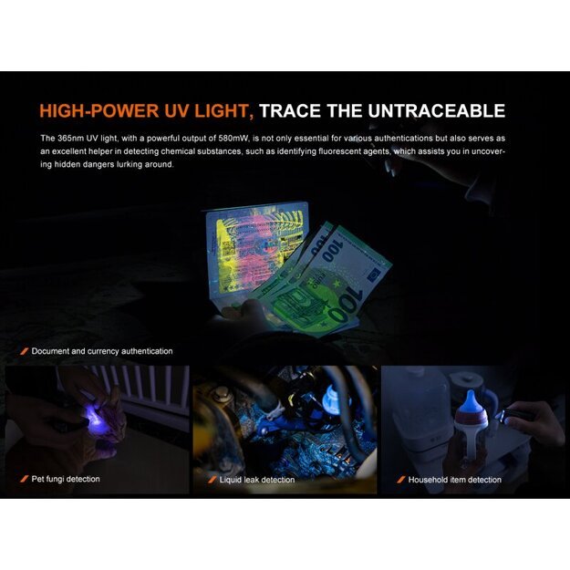 Fenix E06R žibintuvėlis: balta šviesa+ UV 365nm šviesa+ raudonas lazeris, turkio spalva