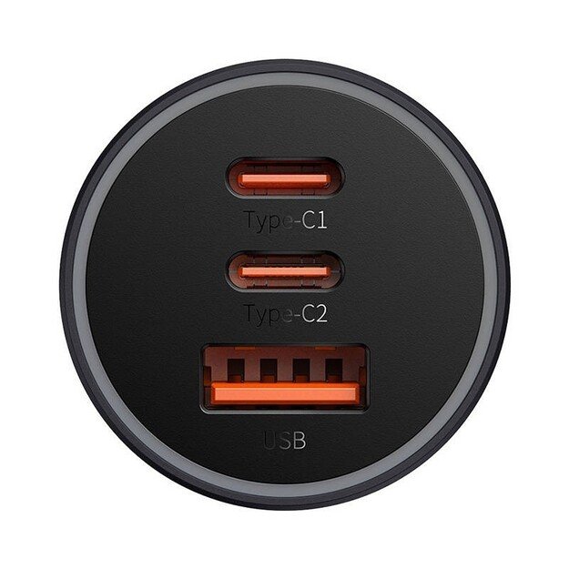 Automobilinis įkroviklis Baseus Golden Contactor Pro, 2x USB-C, 1x USB, 65W (pilkas)