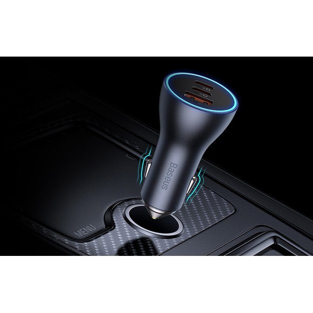 Automobilinis įkroviklis Baseus Golden Contactor Pro, 2x USB-C, 1x USB, 65W (pilkas)