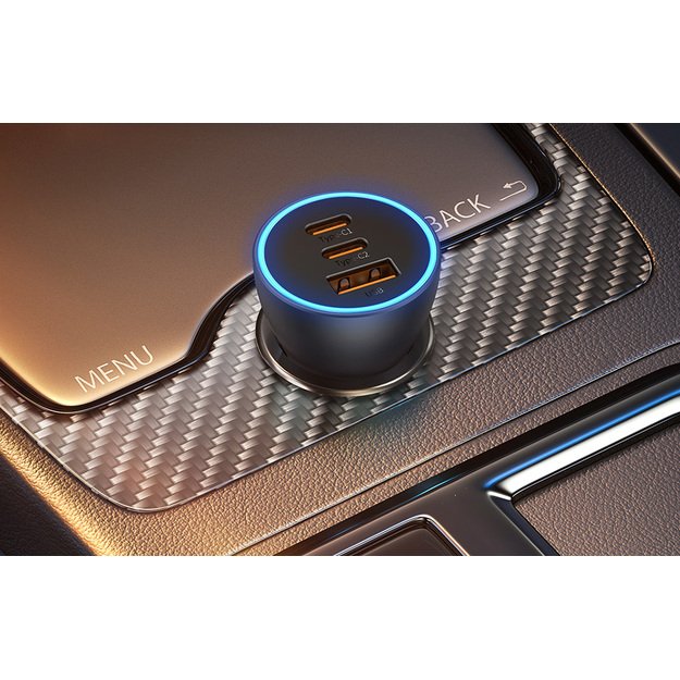 Automobilinis įkroviklis Baseus Golden Contactor Pro, 2x USB-C, 1x USB, 65W (pilkas)