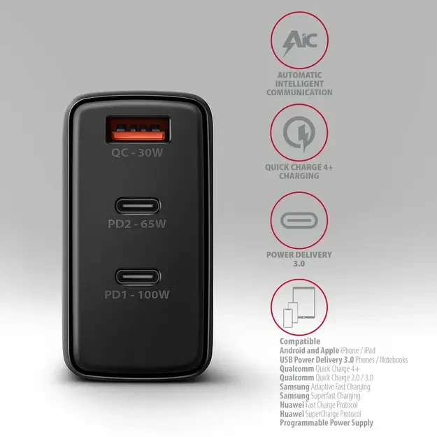 Сетевое зарядное устройство Axagon ACU-DPQ100, 100W (PD 3.0 / QC 4+, 3 порта)