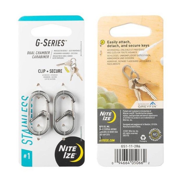 Nite Ize – G serijos Nr.1 dvigubos kameros karabinas – 2 vnt. pakuotėje – plienas – sidabras – GS1-11-2R6